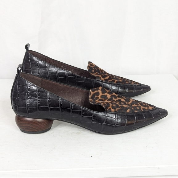 Jeffrey Campbell Viona Leopard Print Croc Wood Heel Pointed Loafers - Picture 2 of 8